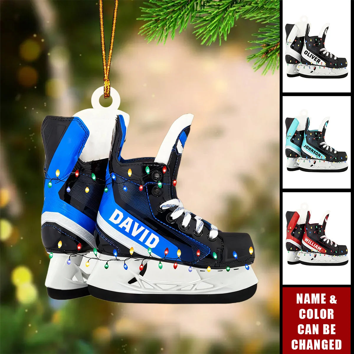 Custom Ice Hockey Skates Christmas  Wooden Ornament - Personalized Name & Color Holiday Gift for Son