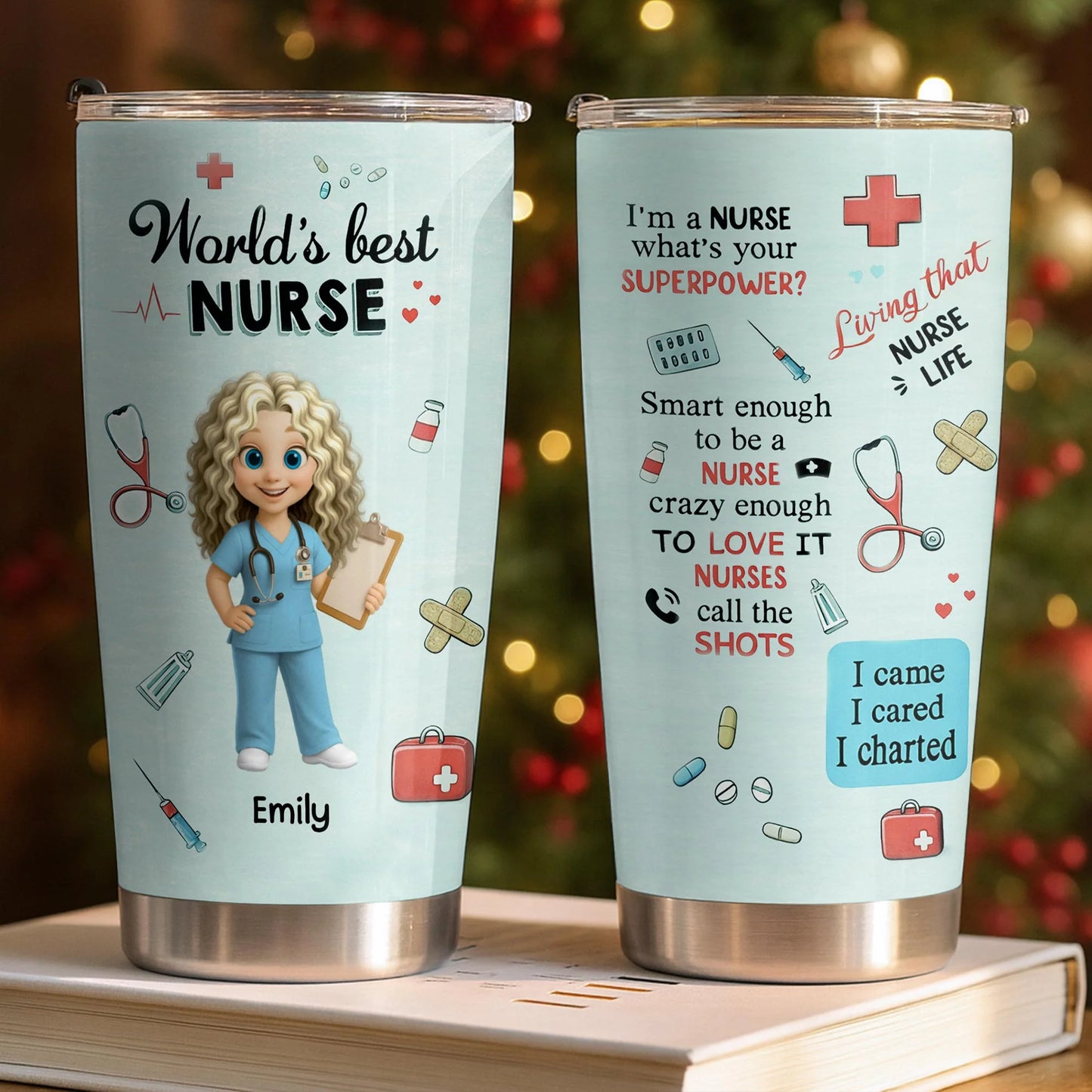 Personalized nurse tumbler featuring medical symbols and cute cartoon nurse for RN appreciation gifts image 8