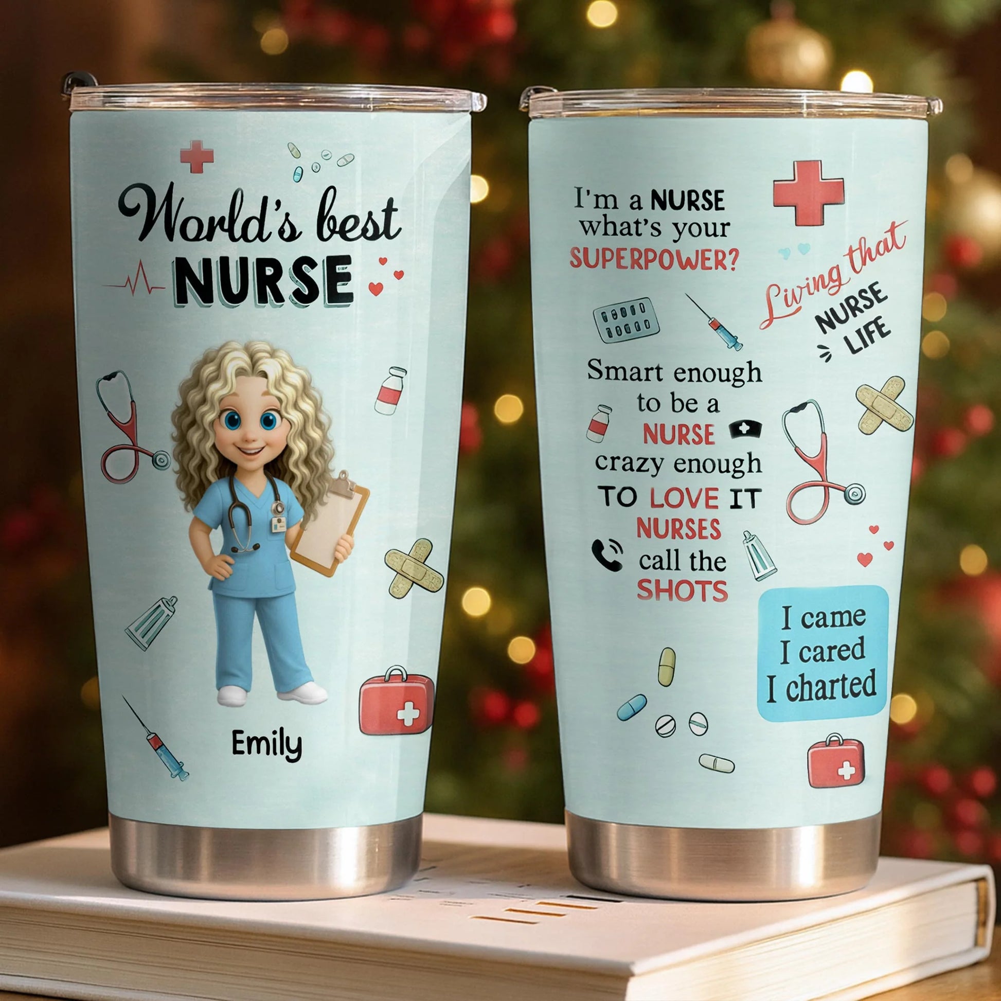 Personalized nurse tumbler featuring medical symbols and cute cartoon nurse for RN appreciation gifts image 8