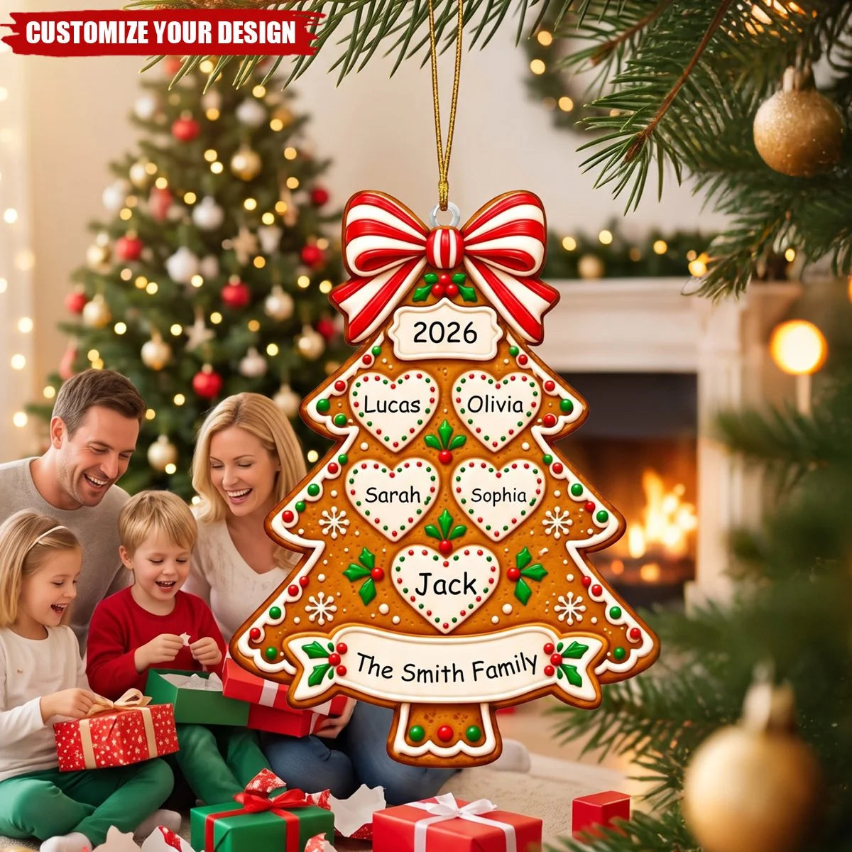 Personalized Gingerbread Tree Family Acrylic Ornament - Custom Christmas Keepsake