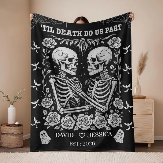 'Til Death Do Us Part Personalized Skeleton Couple Blanket - Custom Gothic Wedding Gift for Couples