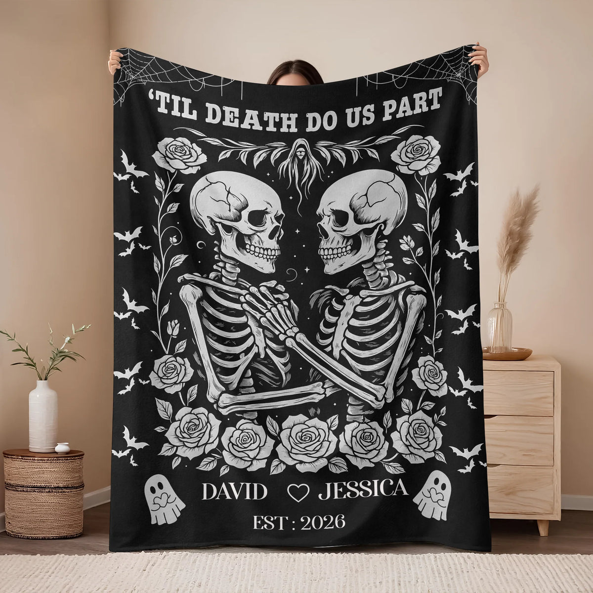 'Til Death Do Us Part Personalized Skeleton Couple Blanket - Custom Gothic Wedding Gift for Couples