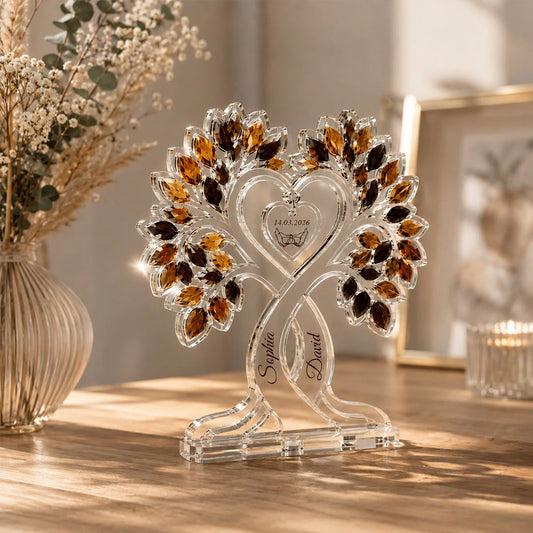Personalized anniversary acrylic plaque shaped like an intertwined love tree with names Sophia and David