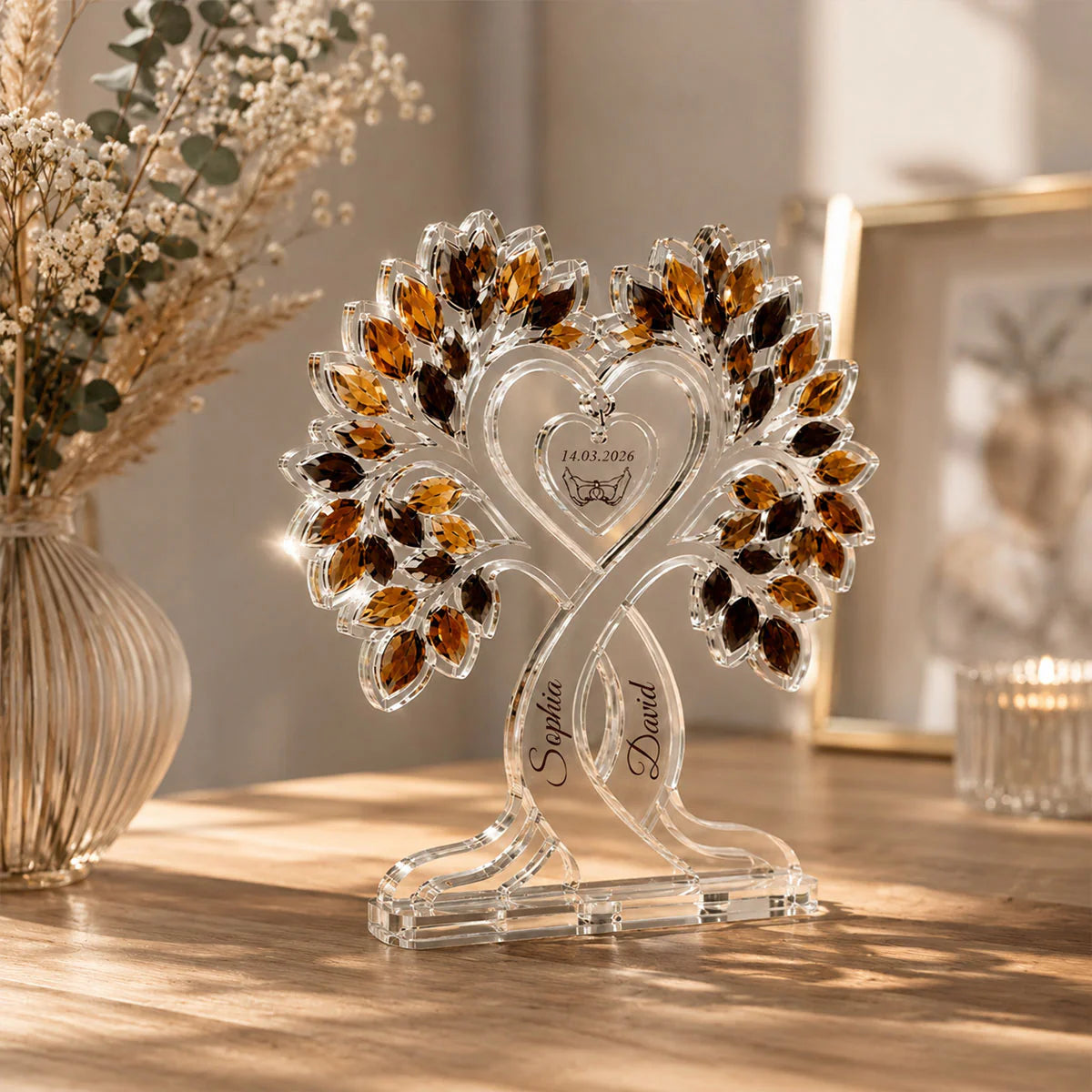 Personalized anniversary acrylic plaque shaped like an intertwined love tree with names Sophia and David
