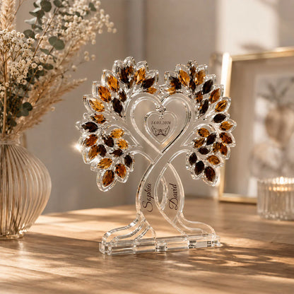 Personalized anniversary acrylic plaque shaped like an intertwined love tree with names Sophia and David