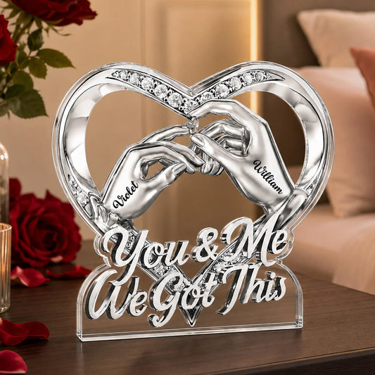 Personalized couple acrylic plaque with a romantic heart shape and holding hands design for anniversary gifts