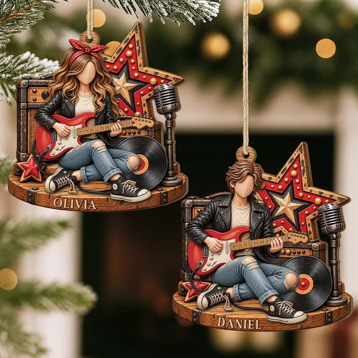 Rock Guitar Player Personalized Wooden Ornament - Custom Name Keepsake for Music Lovers