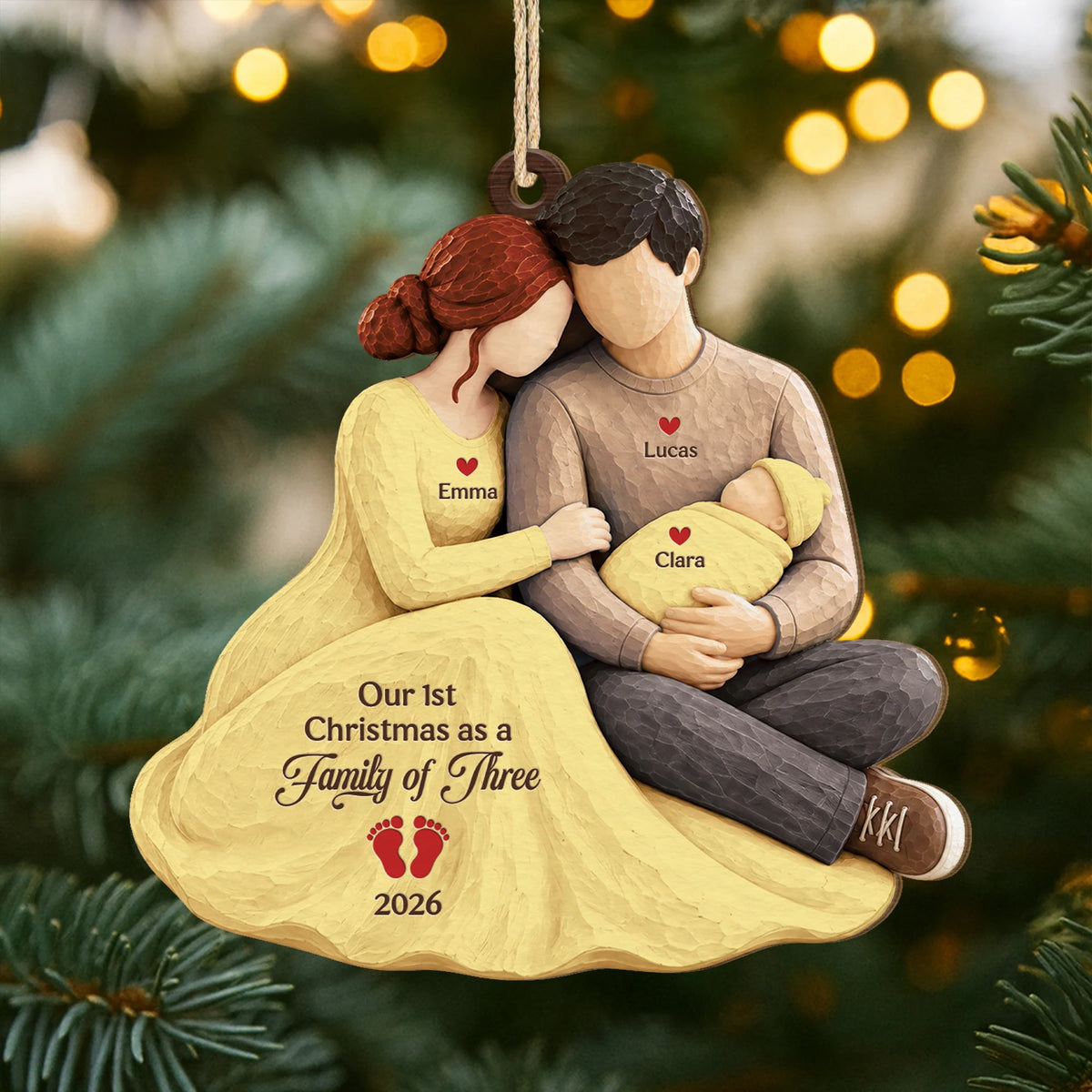 "Our 1st Christmas as a Family of Three" Personalized Wooden Ornament - Keepsake Gift for New Parents & Baby