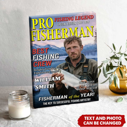 Pro Fisherman Magazine Cover Personalized Canvas / Poster - Custom Fishing Photo Gift for Dad & Grandpa