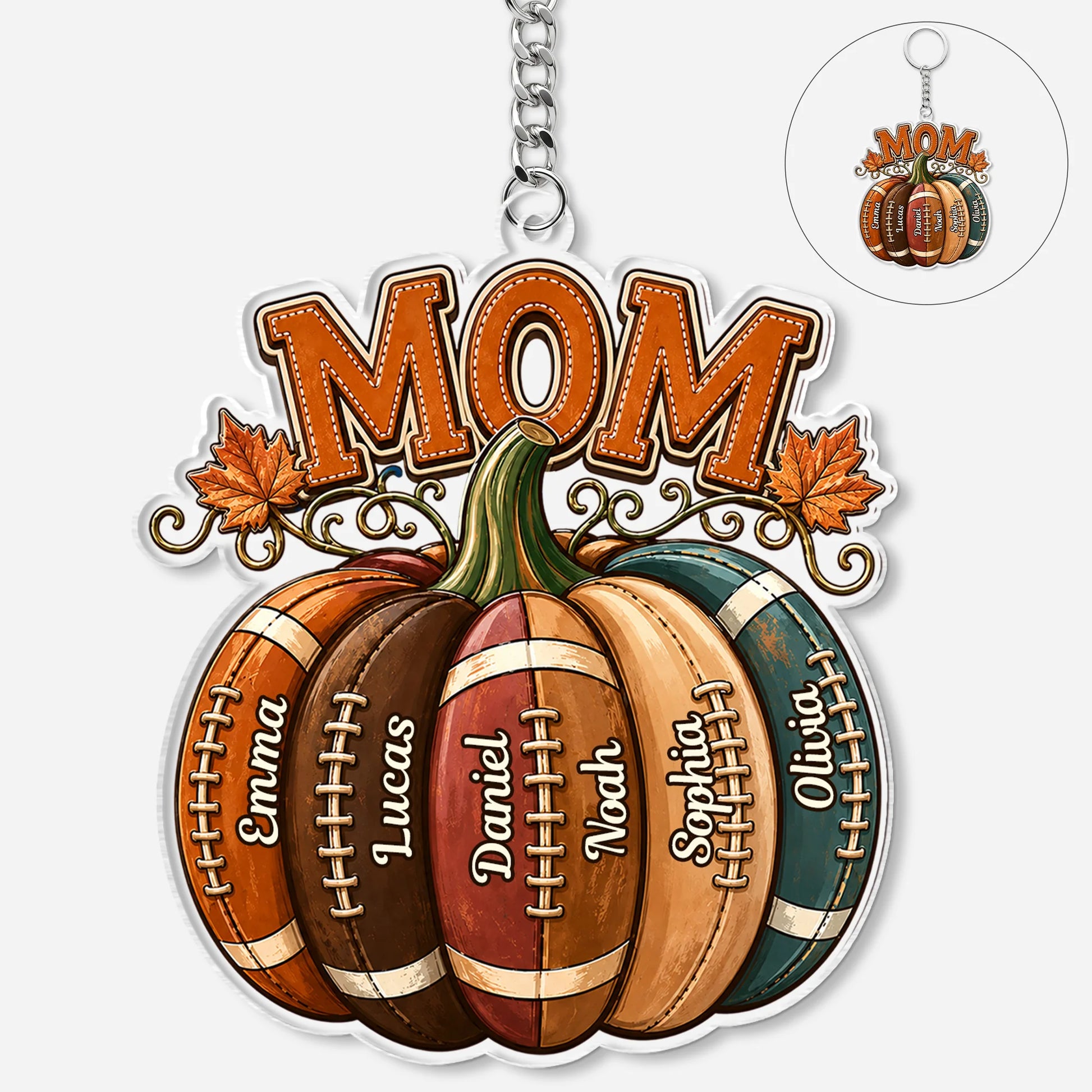 Custom Football Pumpkin Keychain with Kids Names - Personalized Fall Autumn Gift for Mom Dad