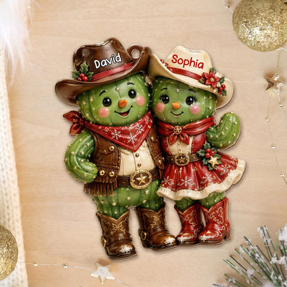 Custom Cactus Couple Wooden Ornament - Personalized Western Keepsake for Couples Christmas Tree