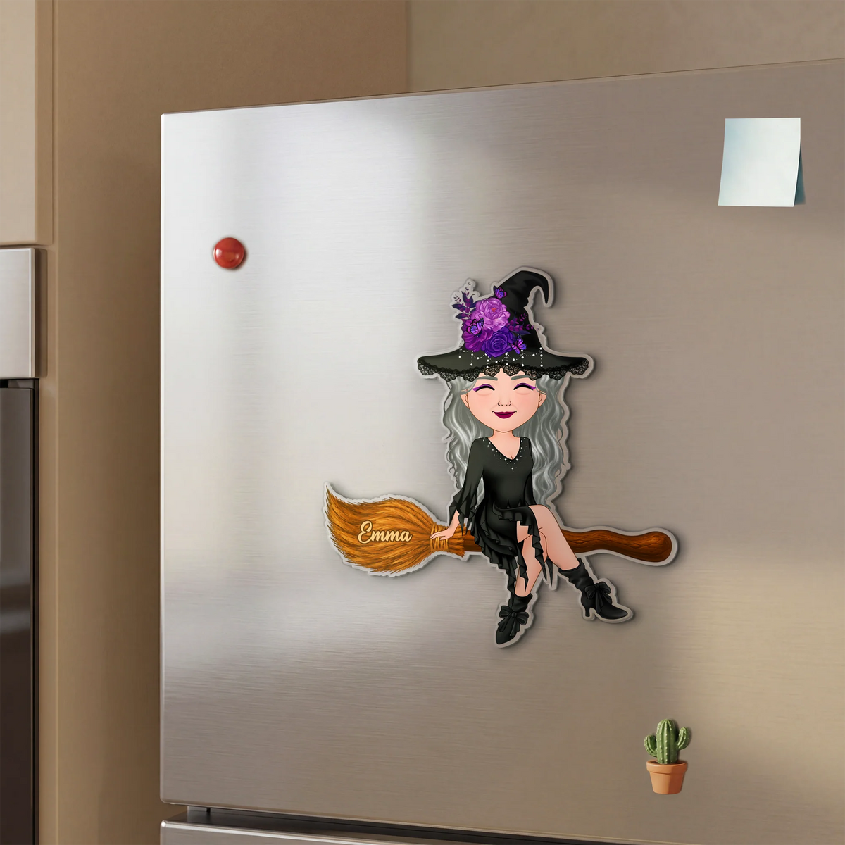 Custom Halloween Witch Acrylic Magnet - Personalized Cute Chibi Witch Name Fridge Magnet