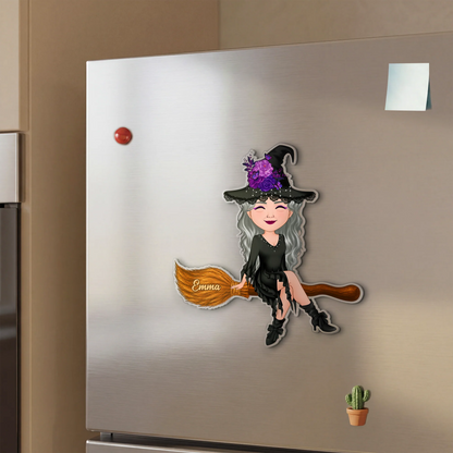 Custom Halloween Witch Acrylic Magnet - Personalized Cute Chibi Witch Name Fridge Magnet