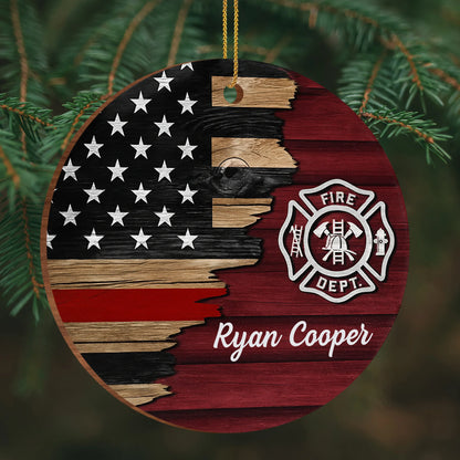 Fire Dept. Custom Wood Ornament Featuring American Flag And Emblem