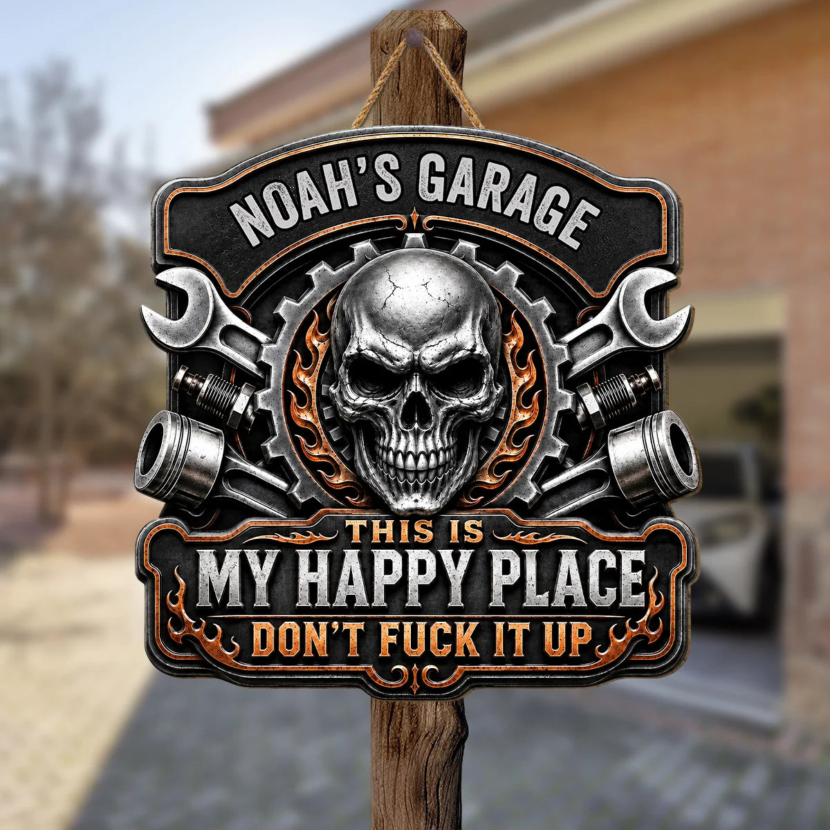 "This Is My Happy Place" Skull Garage Wood Sign - Personalized Garage Decor for Men