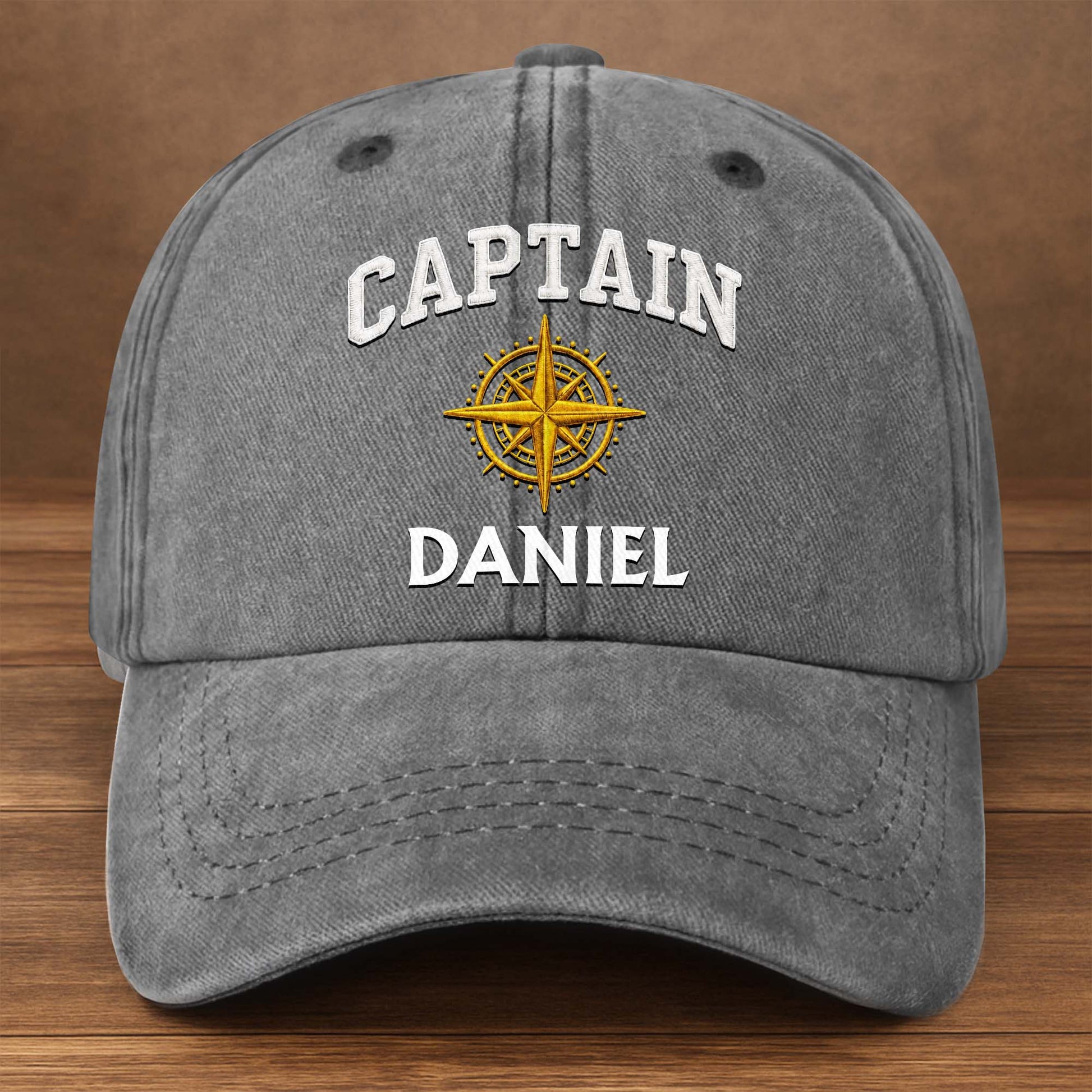 Personalized Captain hat with custom name and gold compass graphic on vintage washed denim cap for sailing lovers image 8