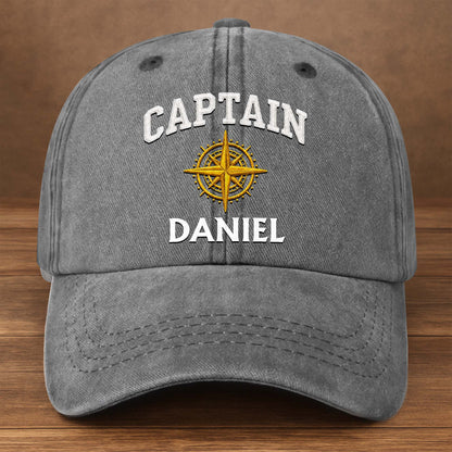 Personalized Captain hat with custom name and gold compass graphic on vintage washed denim cap for sailing lovers image 8