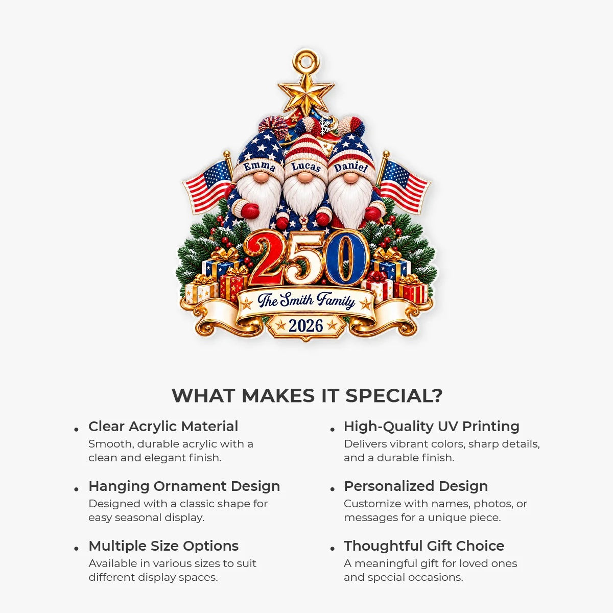 USA 250th Anniversary Gnome Family - Personalized Acrylic Ornament for Patriotic Christmas Decor