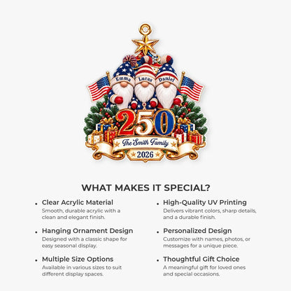 USA 250th Anniversary Gnome Family - Personalized Acrylic Ornament for Patriotic Christmas Decor