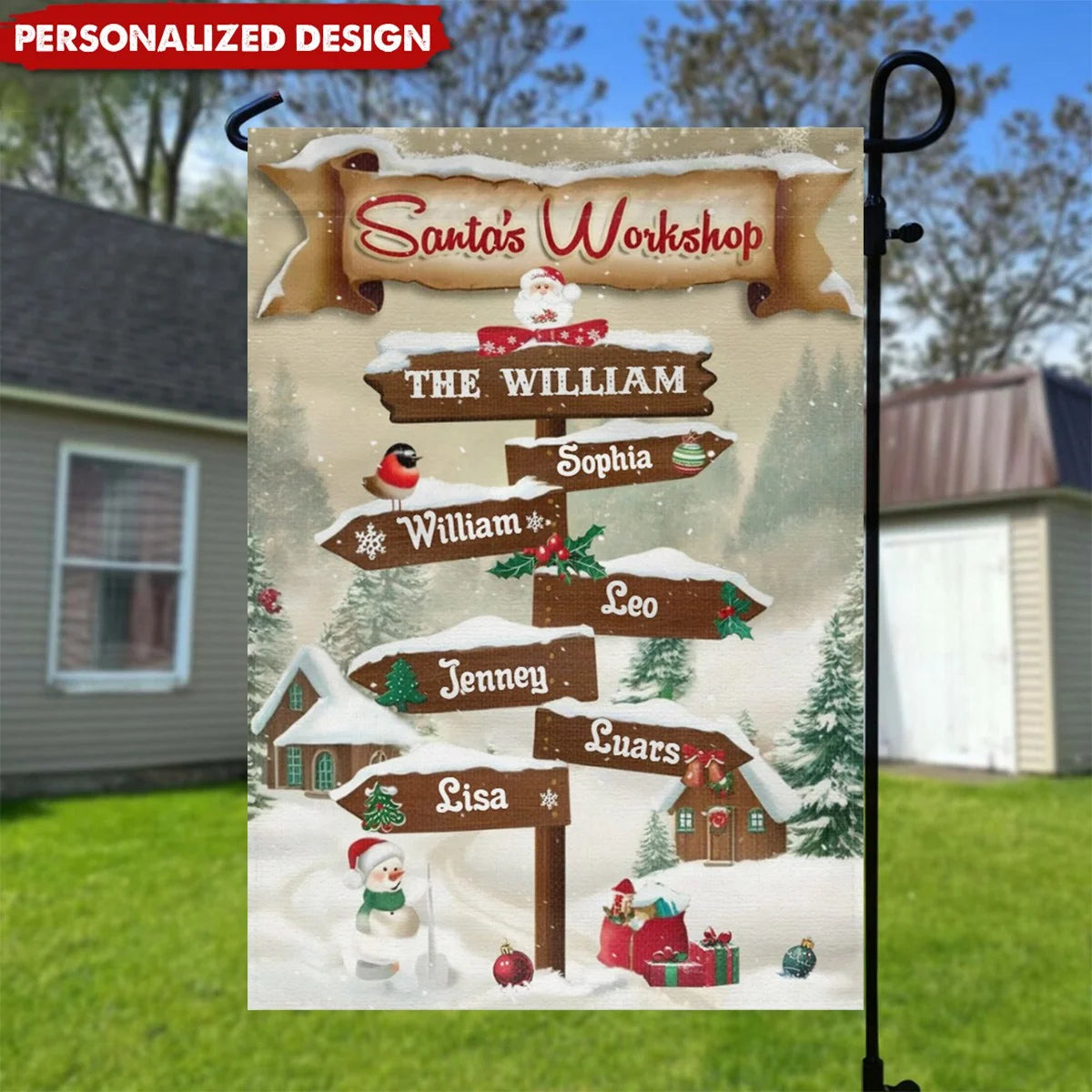 Santa's Workshop Signpost Personalized Christmas Garden Flag - Custom Holiday Yard Decor for Family