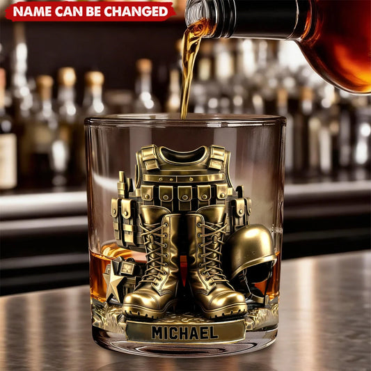 Tactical Combat Gear Personalized Army Veteran Whiskey Glass - Custom Military Retirement & Veterans Day Gift