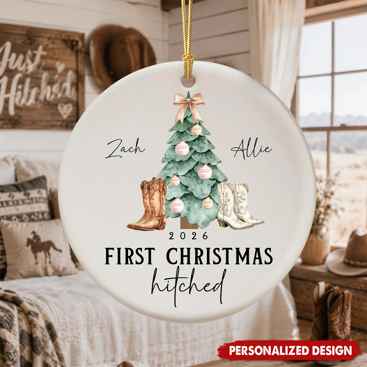 "First Christmas Hitched" Personalized Ceramic Ornament - Custom Western Newlywed Gift for Couples