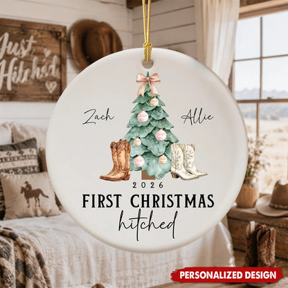 "First Christmas Hitched" Personalized Ceramic Ornament - Custom Western Newlywed Gift for Couples