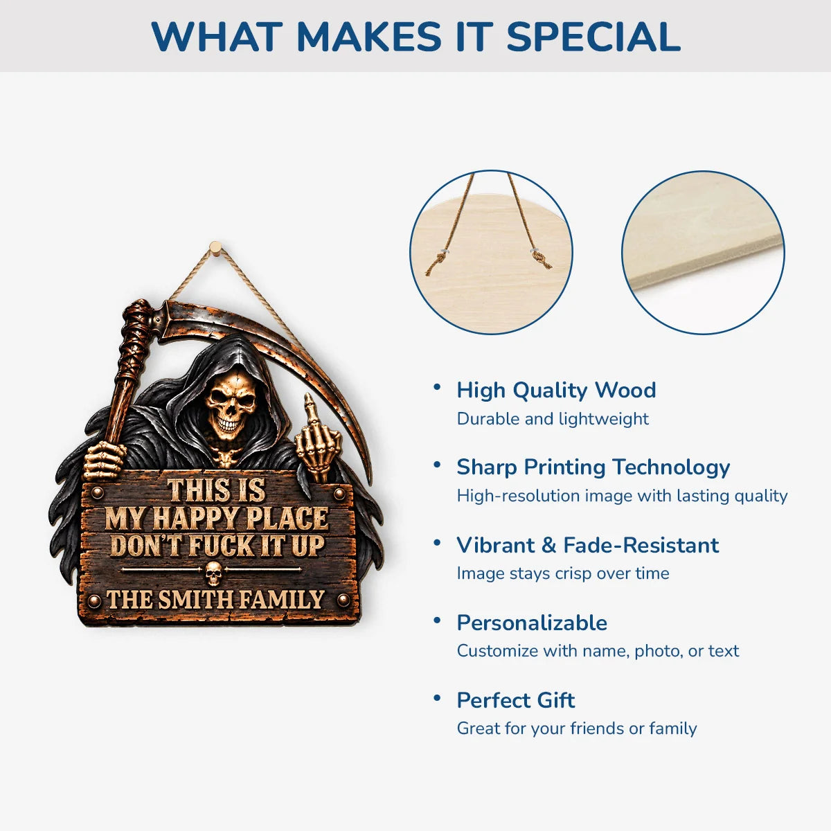This Is My Happy Place Personalized Grim Reaper Wood Sign - Family Halloween Decor