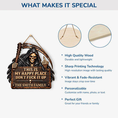 This Is My Happy Place Personalized Grim Reaper Wood Sign - Family Halloween Decor