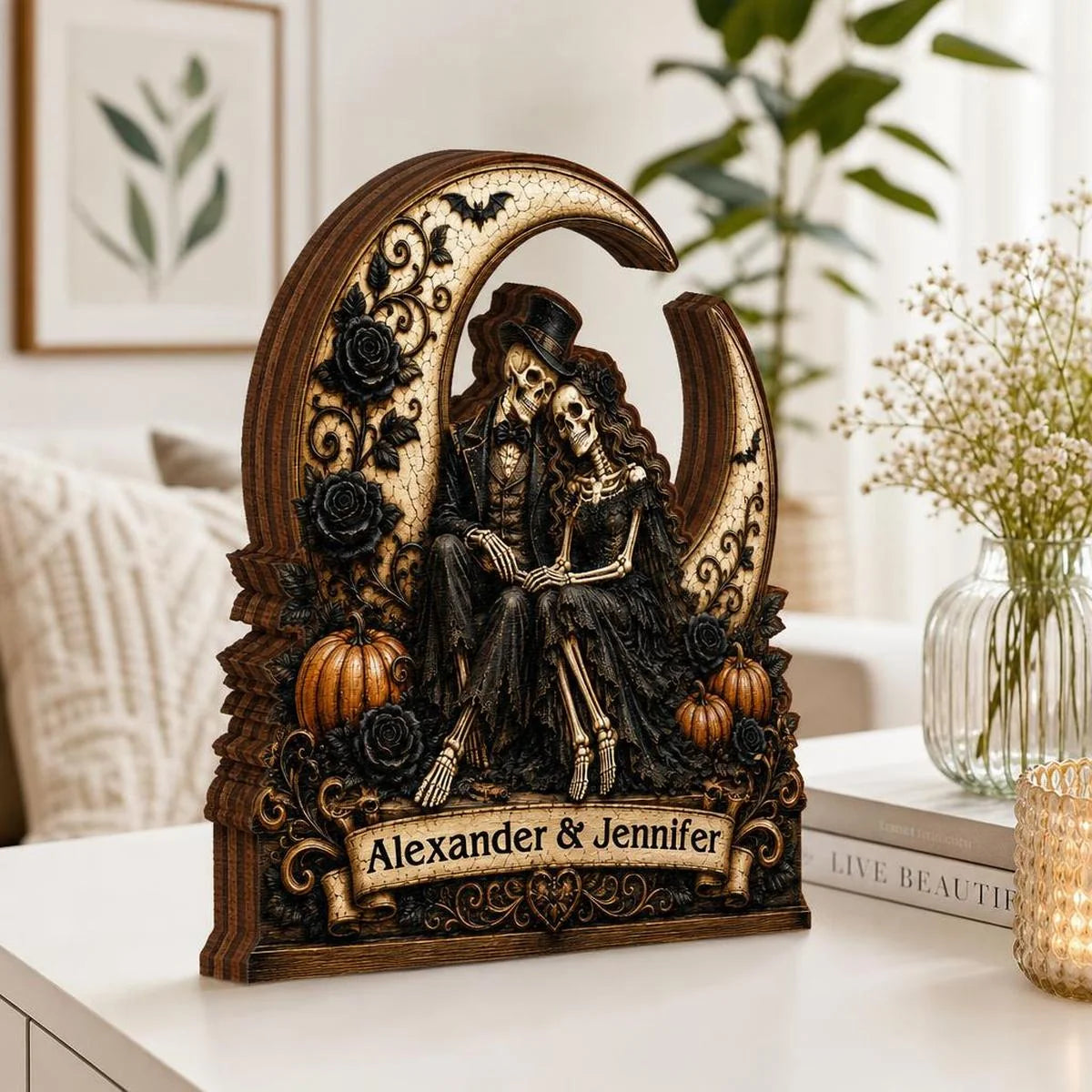 Eternal Skeleton Couple On Moon Personalized Wooden Block - Custom Gothic Halloween Wedding Gift for Couples
