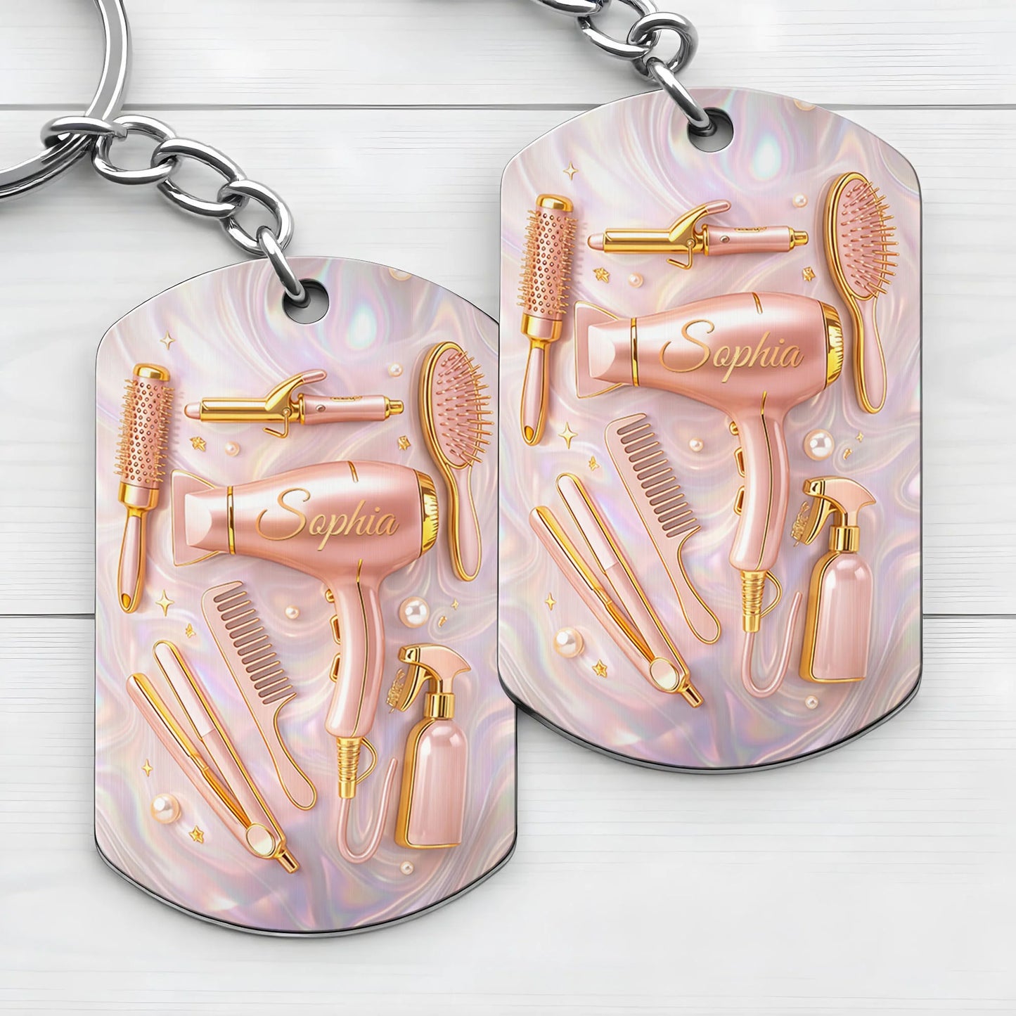 Keychain material and size view - Personalized Hairstylist Keychain