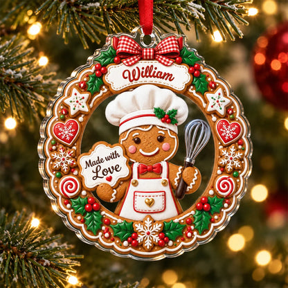 Made with Love Personalized Acrylic Ornament - Custom Christmas Gingerbread Baker Keepsake