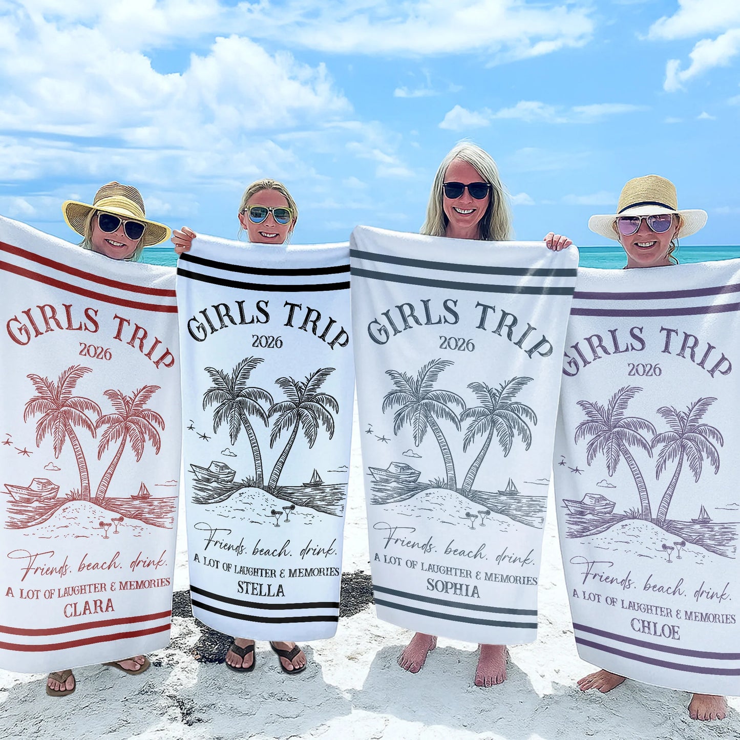Personalized Girls Trip Beach Towel for Best Friends with personalized design details for meaningful gifting