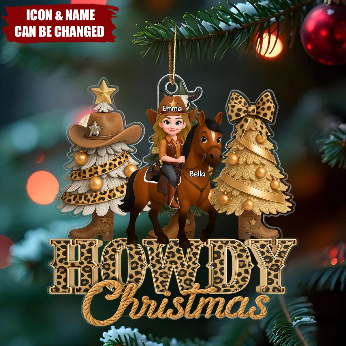 "Howdy Christmas" Personalized Cowgirl & Horse Acrylic Ornament - Equestrian Lovers Holiday Decor