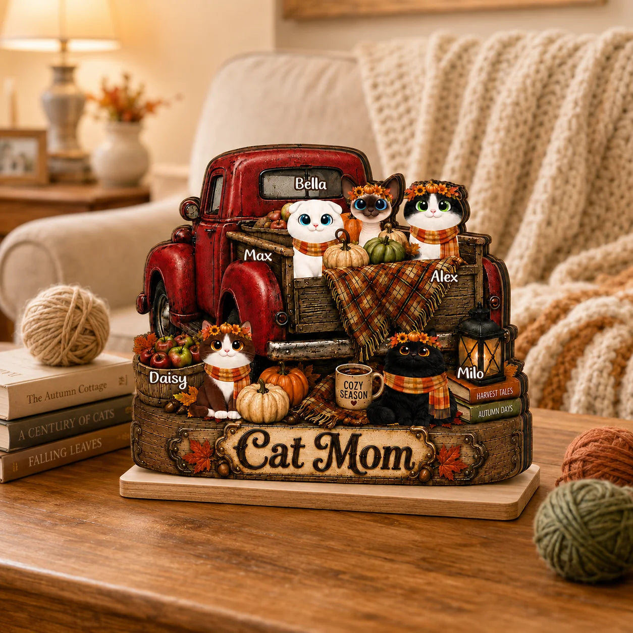 Vintage Fall Truck Personalized Cat Mom Wooden Plaque - Custom Autumn Harvest Pet Keepsake Gift