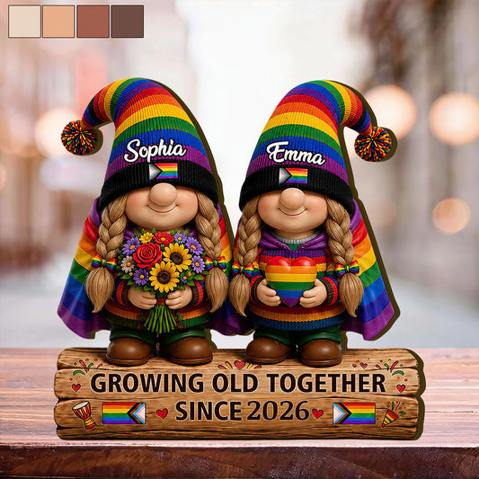 Personalized LGBTQ pride wooden plaque featuring custom rainbow gnomes and text growing old together since 2026 for couples