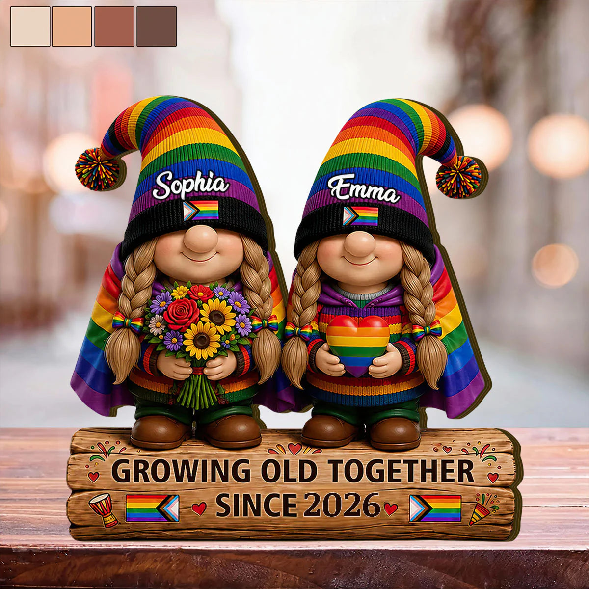 Personalized LGBTQ pride wooden plaque featuring custom rainbow gnomes and text growing old together since 2026 for couples
