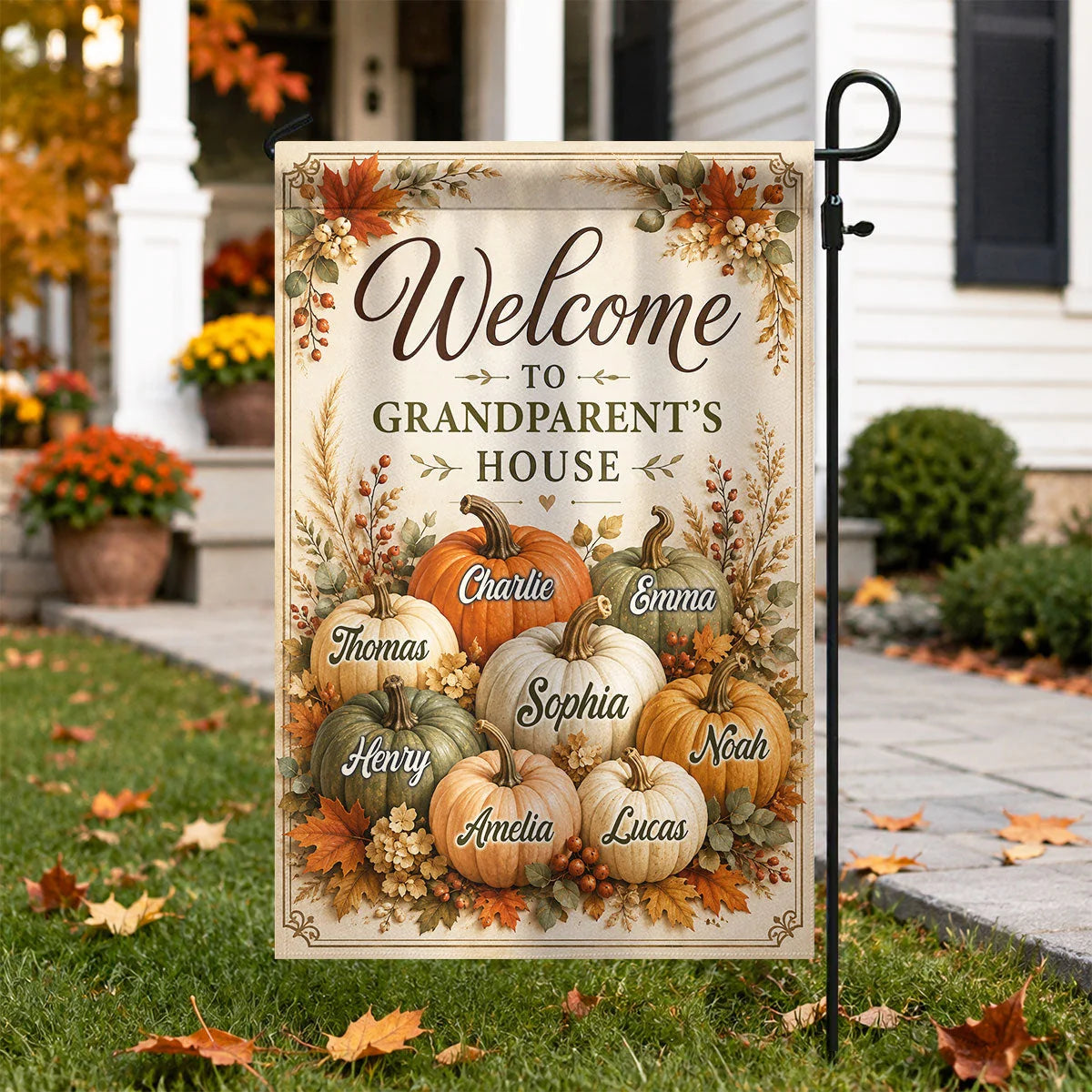 Welcome to Grandparent's House - Personalized Fall Garden Flag for Grandma and Grandpa