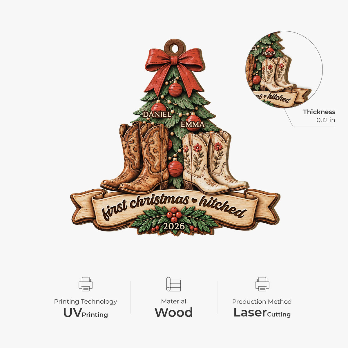 First Christmas Hitched Custom Wooden Ornament - Personalized Couple Cowboy Boots Keepsake
