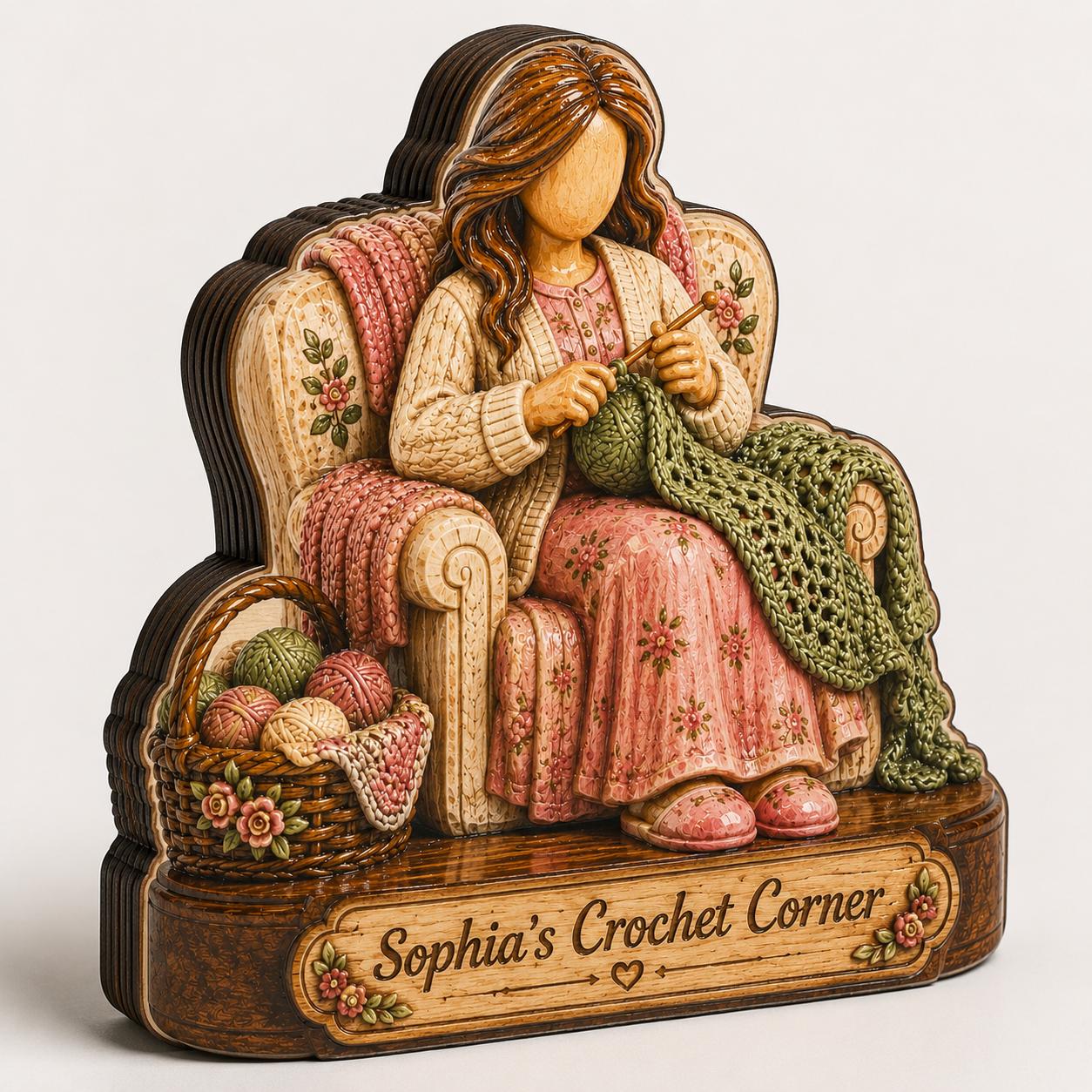 Crochet Corner Personalized Wooden Block - Custom Gift for Crocheters & Craft Room Decor
