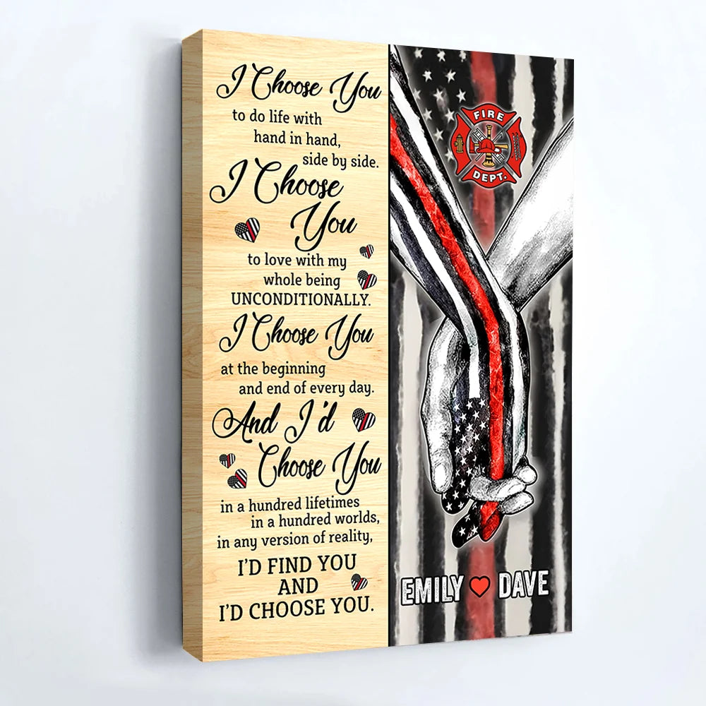 I Choose You Personalized Firefighter Canvas / Poster - Custom Couples Anniversary Wall Art Gift