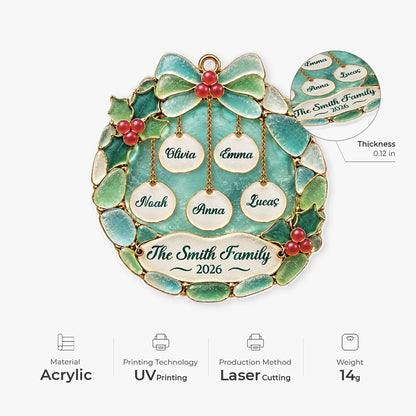 Personalized Christmas Holly Wreath Acrylic Ornament - Custom Family Name Holiday Gift