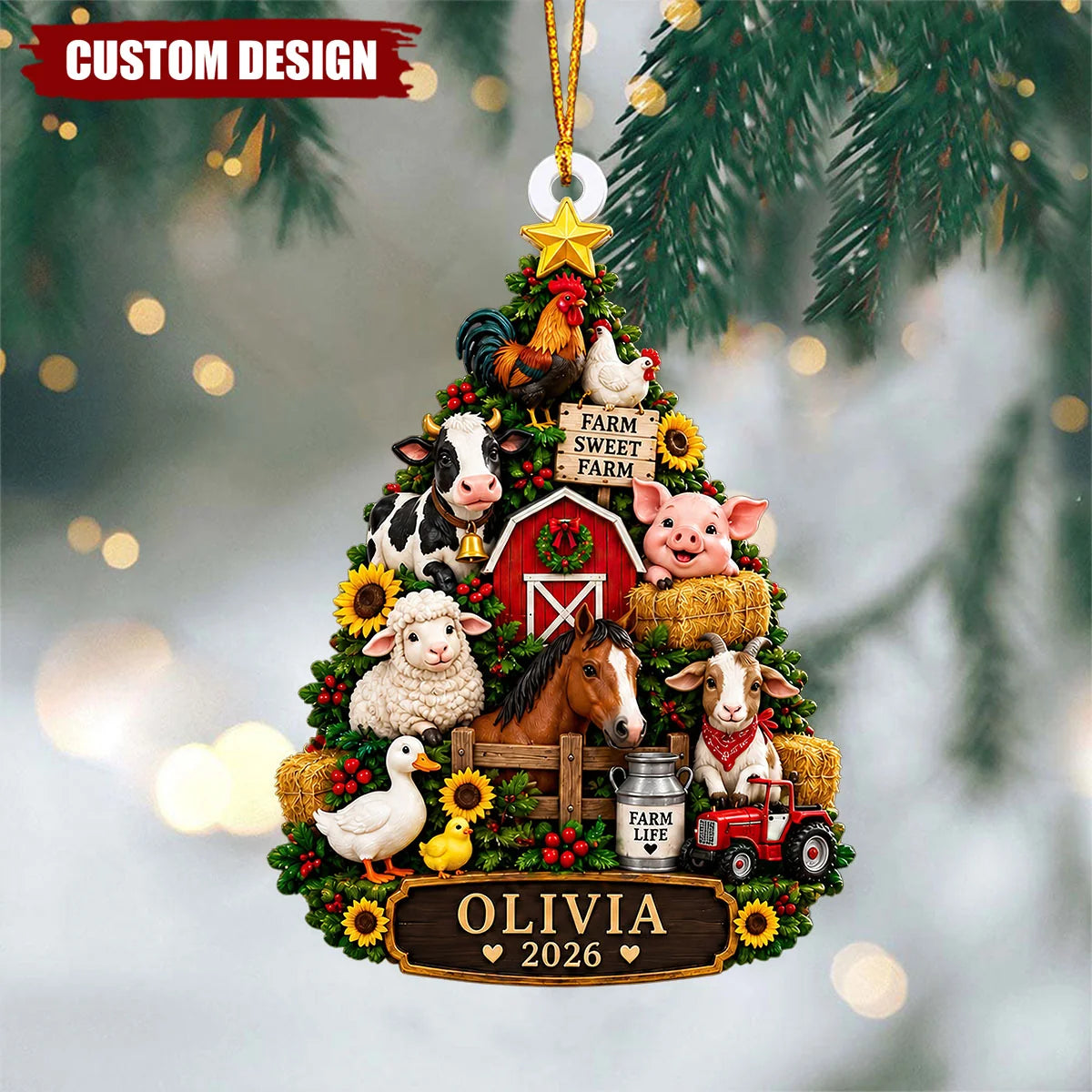 Farm Sweet Farm Christmas Tree Ornament - Personalized Wooden Holiday Keepsake for Family