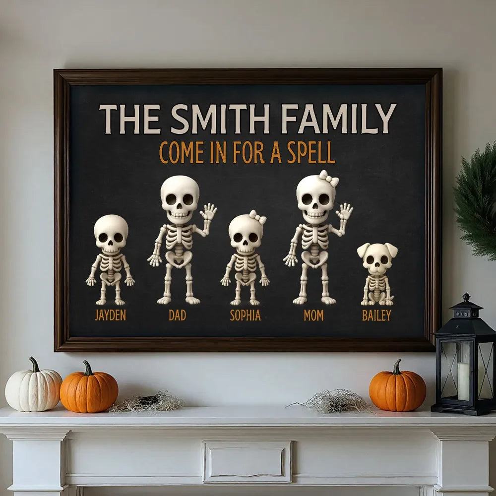 "Come In For A Spell" Personalized Skeleton Family Canvas / Poster - Custom Halloween Wall Art