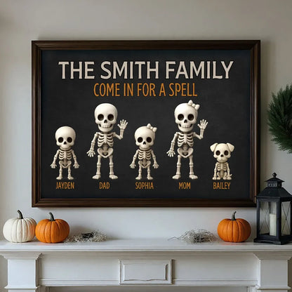 "Come In For A Spell" Personalized Skeleton Family Canvas / Poster - Custom Halloween Wall Art