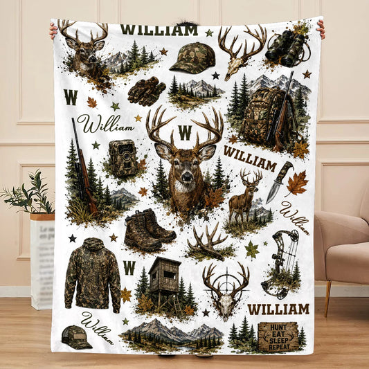 Personalized deer hunting blanket with custom name camo gear design for men hunter gift