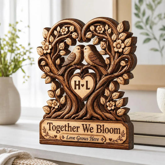 "Together We Bloom Love Grows Here" Personalized Wooden Block - Custom Couple Initials Gift