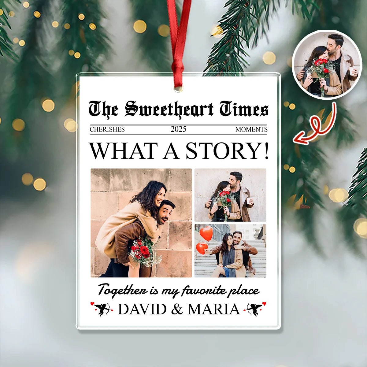 "The Sweetheart Times" Personalized Acrylic Ornament - Custom Couple Photo Christmas Keepsake
