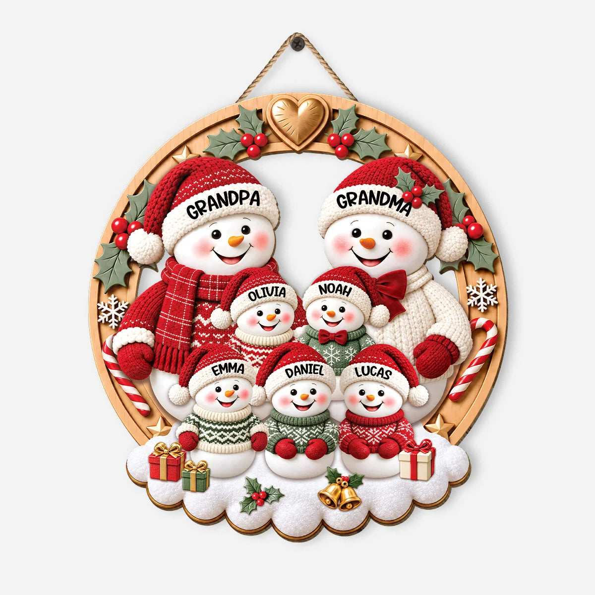 Snowman Family Personalized Wood Sign - Custom Christmas Door Hanger Gift for Grandma