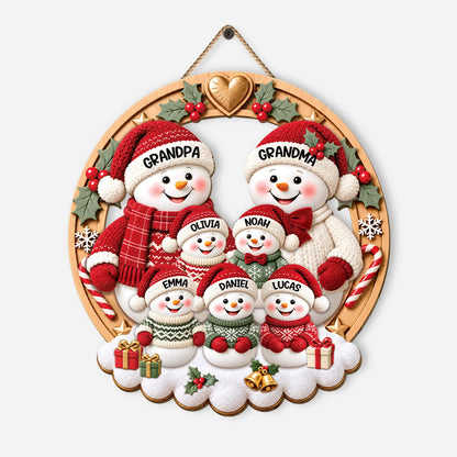 Snowman Family Personalized Wood Sign - Custom Christmas Door Hanger Gift for Grandma
